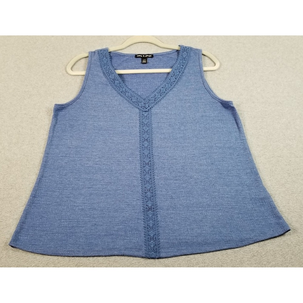 Cable & Gauge Tank Top Womens Large L Blue Crochet Lace V-Neck Sleeveless Knit
